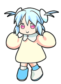 animation of a pale chibi anime girl with blue hair, pink eyes, and a yellow dress jumping up and down